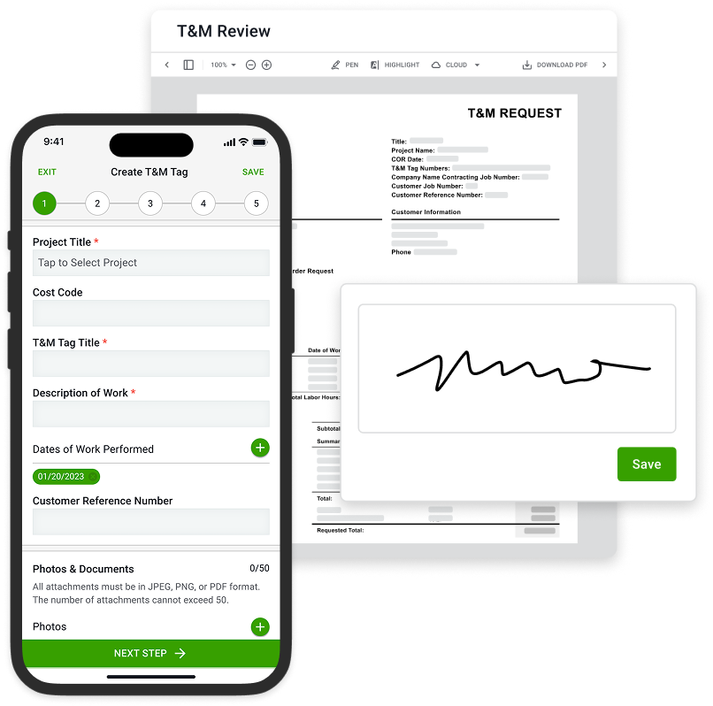 UI preview of creating, reviewing, and signing for T&M work