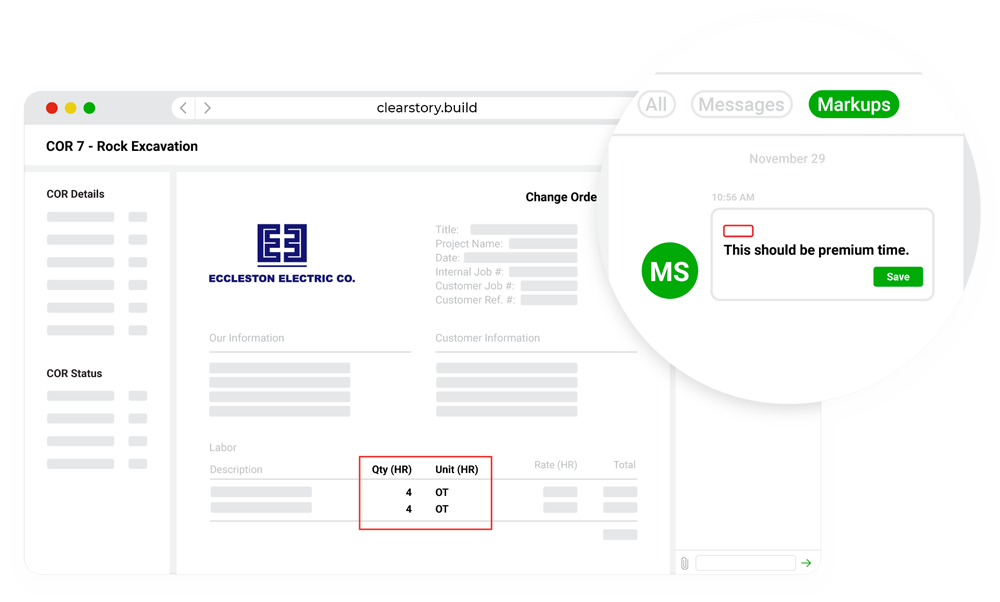 Graphic showing real-time pdf markup tools for construction change order requests