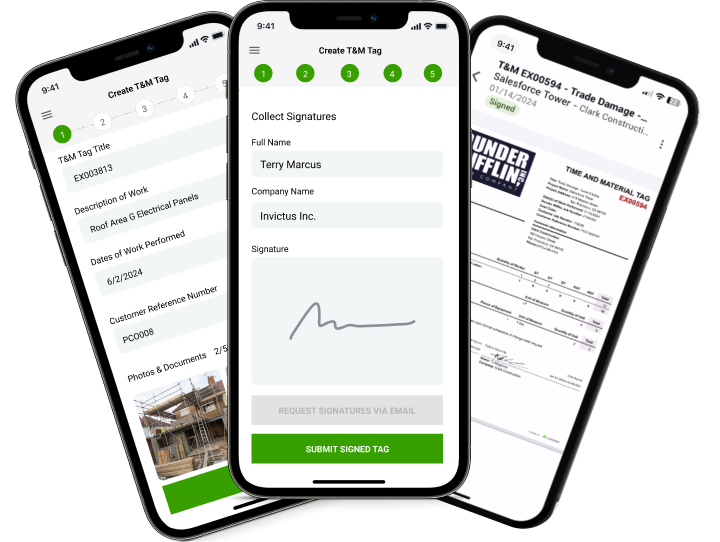 UI previews of the Clearstory mobile app for T&M Tags